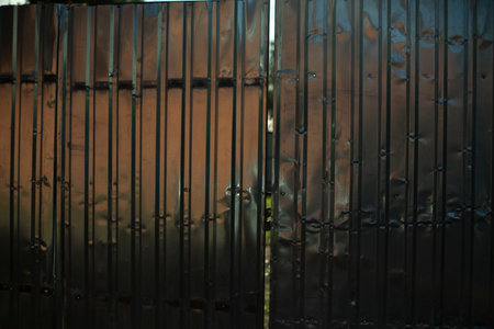 Steel fence detail. Fence made of metal profile. Durable material to protect against prying eyes. Private territory.の写真素材
