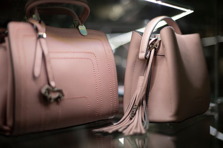 Pink women's bag. clothing accessory. Fashionable handbag for cosmetics. Details of window of women's clothing store.の写真素材