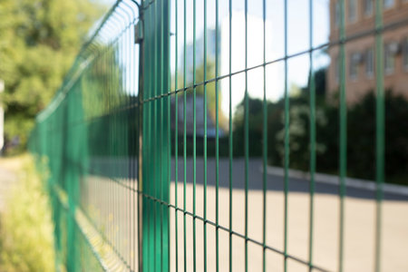 Fence made of steel bars. Fence made of netting in parking lot. steel mesh. Obstacle from penetration.の写真素材