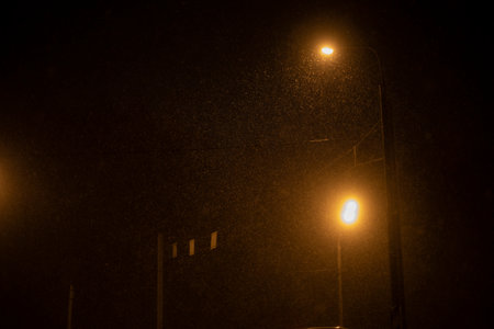 Blizzard at night in city. Light in dark. Precipitation and snow. light poles.の写真素材