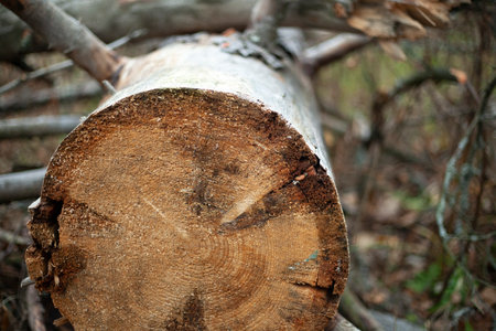 Details of deforestation. Old trees. dry logs. Fallen tree trunks.の写真素材
