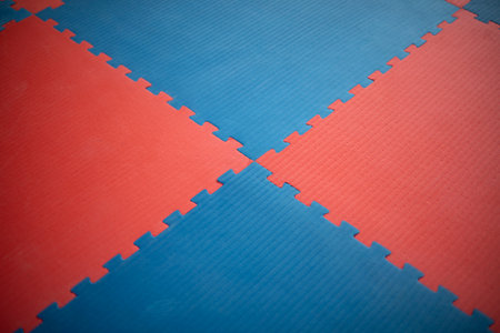 Sports mat. Karimat for exercise. Details of gym. Floor in hall.の写真素材