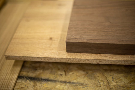 Stack boards. Board on table. Work in carpentry workshop. Material Details.の写真素材