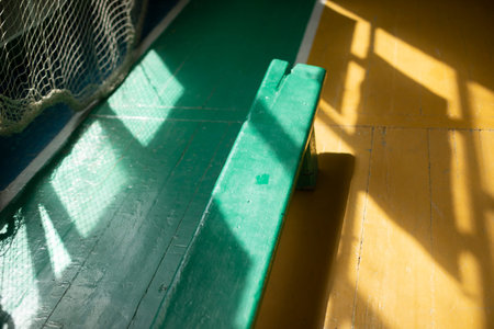 Bench in the gym. Training Hall Details. Wooden shop. Old place for sports.