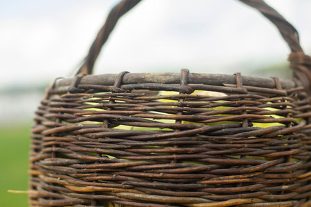 Wicker basket. Village utensils. Folk craft. Dry stems.の写真素材