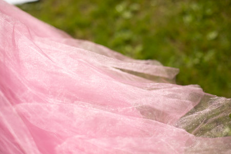 Pink dress. Light pink dress. Lightweight fabric. Summer clothes in park.の写真素材