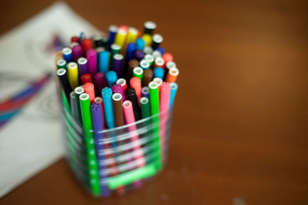 Colored felt-tip pens for drawing. Creative material. Creative tools. Drawing lesson. Felt-tip pens on table.の写真素材