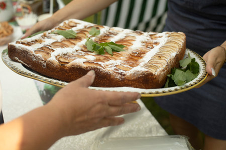 Apple pie in your hands. Delicious pastries from my grandmother. Sweet food. Folk baking recipe.の写真素材