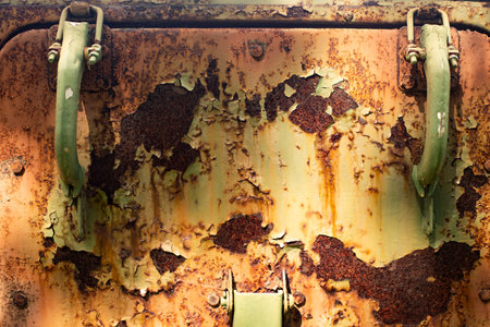 Rusty manhole cover. Fasteners on military equipment. Old door handles. Rusty appliances.