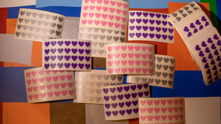 Stickers texture of hearts. Plotter cutting. Making stickers for decorating gifts. Lot of hearts.の写真素材