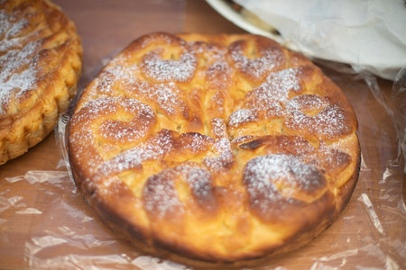 Sweet pastries. Apple pie at village fair. Traditional flour pastries. Delicious food.の写真素材