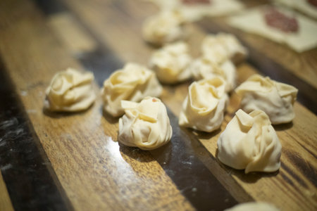 The dumpling making. Dough and minced meat. Making Dumplings. Meat food.の写真素材