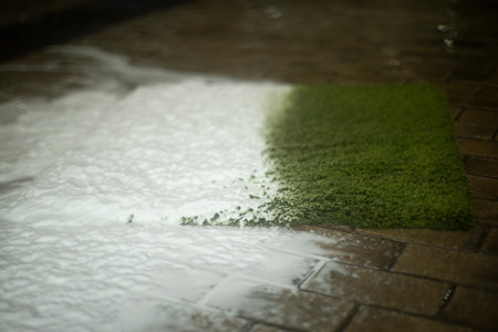 Carpet in foam. Washing dirt off the carpet. Dry cleaning of fabrics. Shampoo application details.の写真素材
