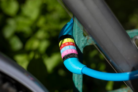 Combination lock on bicycle. Bike Mount. Cycling parking. Lock details.の写真素材