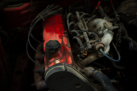 Engine of car. Transport device. Machine Internals. Gasoline engine.の写真素材