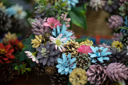 Plants painted with paint. Beautiful background. Cones and plants. Decorative decoration.の写真素材