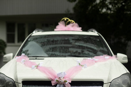 Wedding car decoration. Rings on roof of vehicles. Pink ribbon on machine. Transport of newlyweds.の写真素材