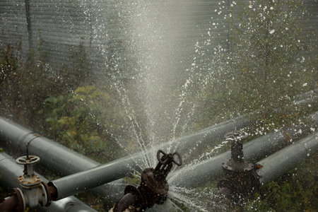 pipe accident. water breakthrough. Hot water flow. damage to pipeline. emergency details.の写真素材