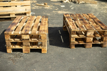 Furniture made of planks on street. Wooden pallets. Made of plans. Craft pallets.の写真素材