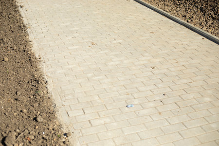 A new path in the park. Soil along the tratoir. Trauir tiles on the walkway. Details of the city park.の写真素材