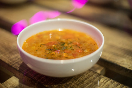 Food in restaurant. Delicious dish in white plate. Dinner on plate. Food Details.の写真素材
