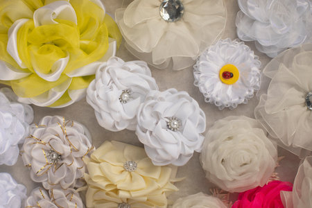 Elastic bands for hair. Flowers made of fabric. Hair ornaments. Fabric product.の写真素材