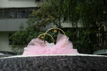 Wedding car decoration. Rings on roof of vehicles. Pink ribbon on machine. Transport of newlyweds.の写真素材