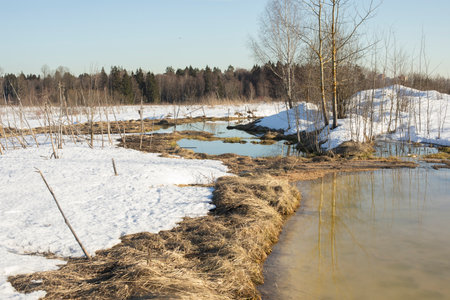 Meltwater in the field. Melting snow in nature. Early spring. A lot of water has accumulated in one place.の写真素材