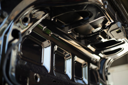 Truck body inside. Black steel machine. Transport interior details. Panel inside the car.の写真素材
