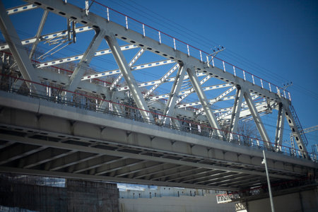 Bridge with railway. Steel bridge. Transport architecture for trains. Details of the support.の写真素材