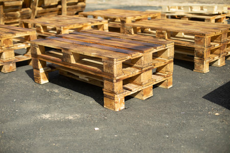 Furniture made of planks on street. Wooden pallets. Made of plans. Craft pallets.の写真素材
