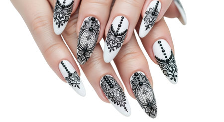Close-up shot showcases elaborately designed stiletto fingernails featuring intricate tribal patterns in black and white. Each nail displays unique, detailed artwork, highlighting exceptional nail art craftsmanship.の素材