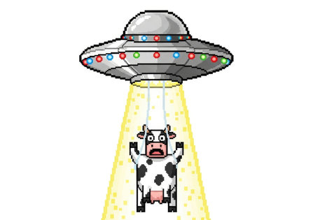 A cartoon UFO with colorful lights beams down a yellow light, abducting a distressed cow. The cow has its arms raised in fear.の素材