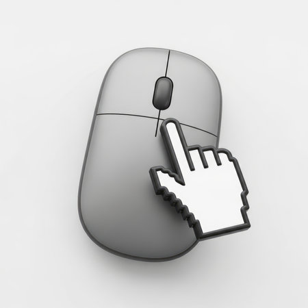 A grayscale image of a computer mouse with a hand cursor icon pointing at it, symbolizing interaction and selection.の素材