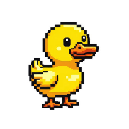 A charming, retro pixel art illustration of a small, bright yellow duckling with orange beak and feet, standing on a white backdrop.の素材