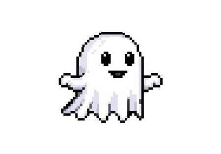 A simple, white pixel art ghost with big black eyes and a smiling mouth, floating with its arms outstretched.の素材