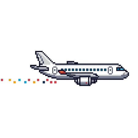 A pixel art illustration of a white airplane in flight, leaving a trail of colorful, pixelated smoke behind it.の素材