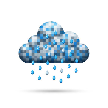 A stylized, pixelated cloud shape in shades of blue, with small water droplets falling from its base.の素材