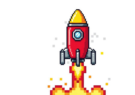 A retro pixel art illustration of a red rocket blasting off with bright orange and yellow flames and sparks against a white background.の素材