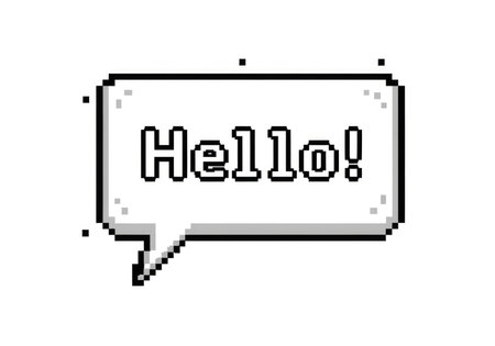 A retro pixel art speech bubble with the word "Hello!" in bold, outlined text on a white background.の素材