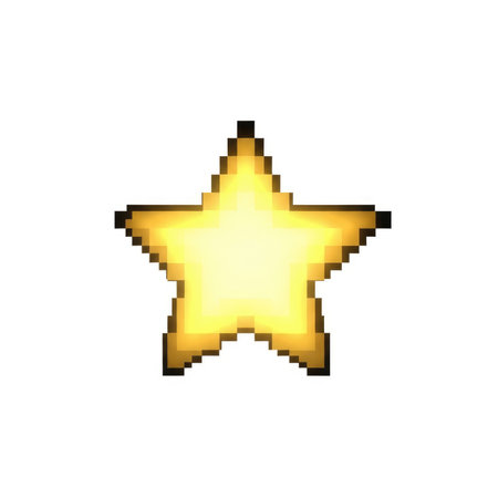 A bright, pixelated golden star with a slight glow effect, isolated on a white background. Retro gaming aesthetic.の素材