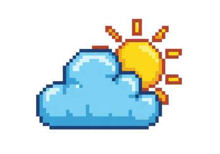 A retro pixel art illustration of a bright yellow sun peeking from behind a fluffy blue cloud.の素材
