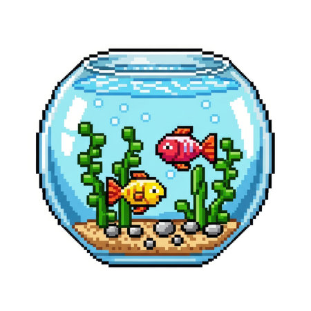 A charming pixel art illustration of a round fishbowl containing two vibrant fish, green aquatic plants, and a sandy substrate.の素材
