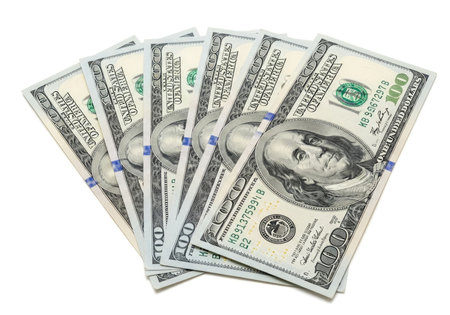 A fan of crisp US hundred dollar bills arranged in a spread. This image evokes themes of wealth, financial success, and abundance, perfect for business and finance-related content.の素材