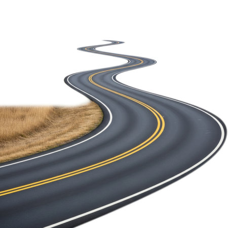 A curved asphalt road with double yellow lines snakes across a white background, bordered by dry grass on the left.の素材
