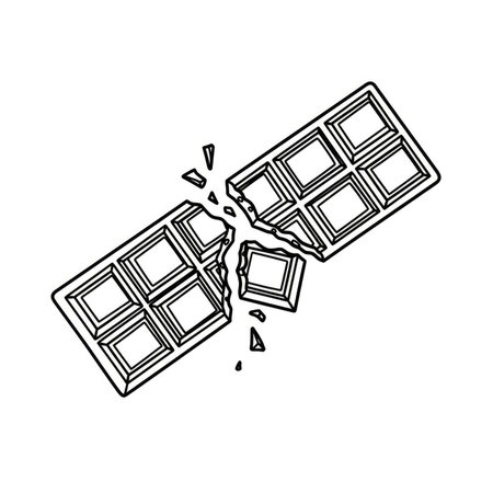 A simple, hand-drawn sketch of a chocolate bar that has been broken into pieces, with crumbs scattered around.の素材