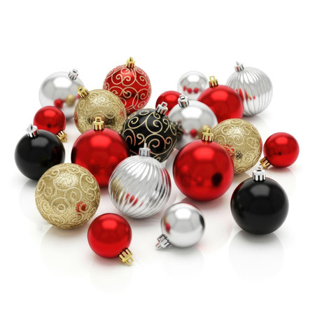 A scattered assortment of festive Christmas baubles in various colors and textures, ready for holiday decorating.の素材