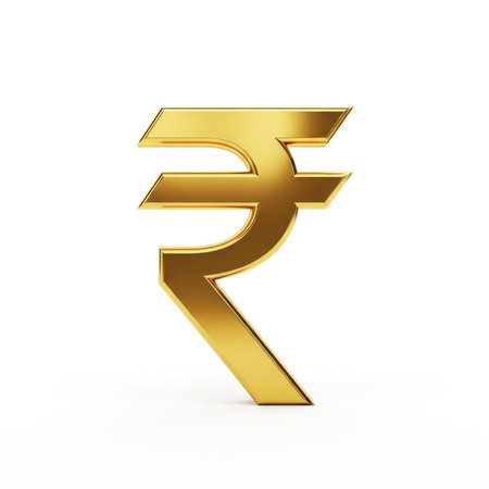 A metallic gold Indian Rupee symbol rendered in 3D, isolated on a clean white background, representing currency and finance.の素材