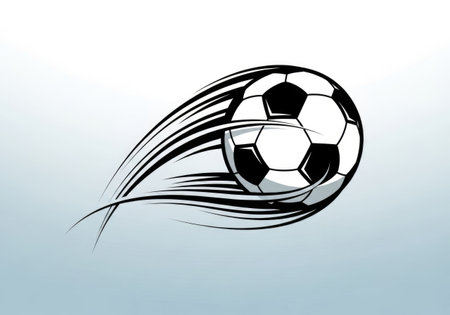A classic black and white soccer ball streaks across the frame with a sense of speed and power. Perfect for sports-related designs, this image conveys action and excitement.の素材