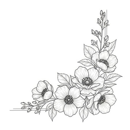 A beautiful corner decoration featuring a cluster of intricately drawn flowers with detailed petals and leaves. Perfect for adding a touch of natural elegance to designs.の素材